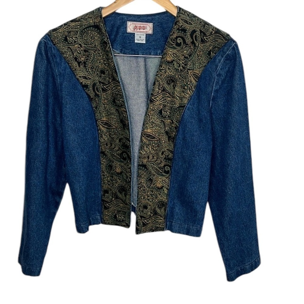 Vintage Apache Denim Brocade 80s 90s Open Front Jacket Women Size S